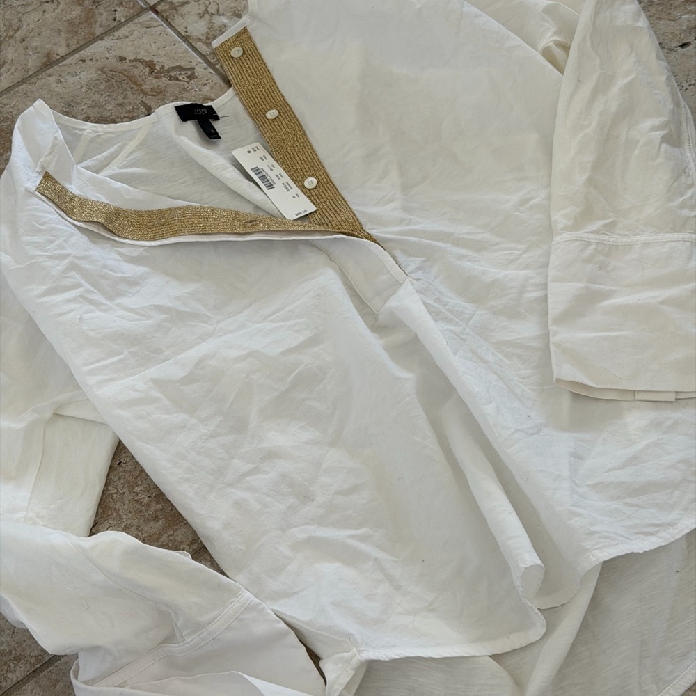 White Long-Sleeve Shirt with Gold Accents